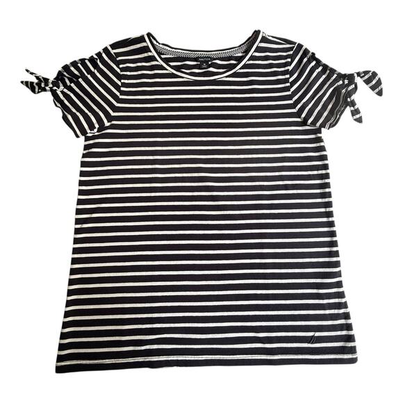 VTG Nautica Womens NAUTICAL TOP SZ MED Tie Sleeve 100% Cotton Navy Striped Shirt - Picture 1 of 6